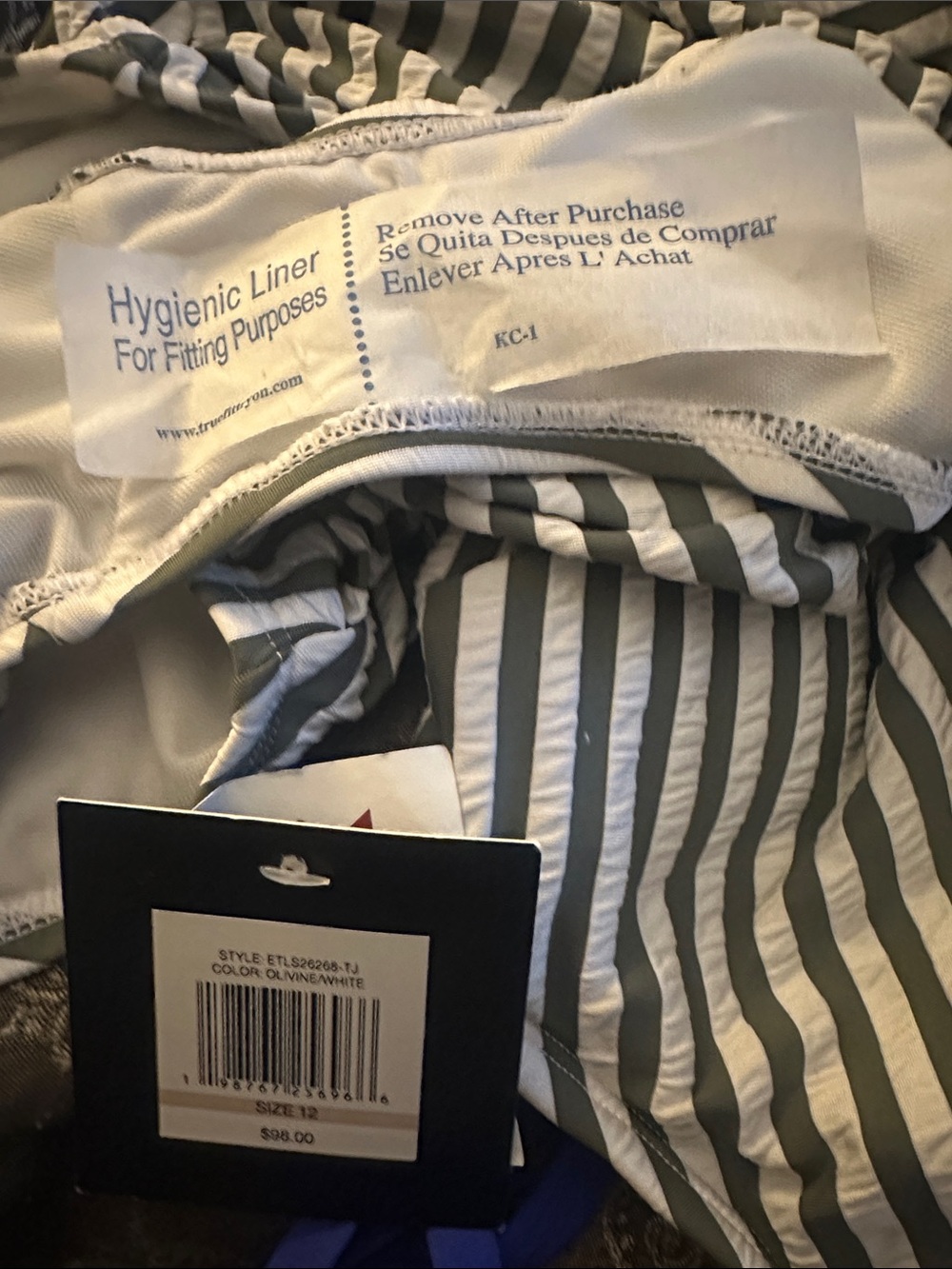 Ellen Tracy Swimsuit Olive Green White Striped Ruffle V Neck One-Piece Size 12 - Picture 8 of 8